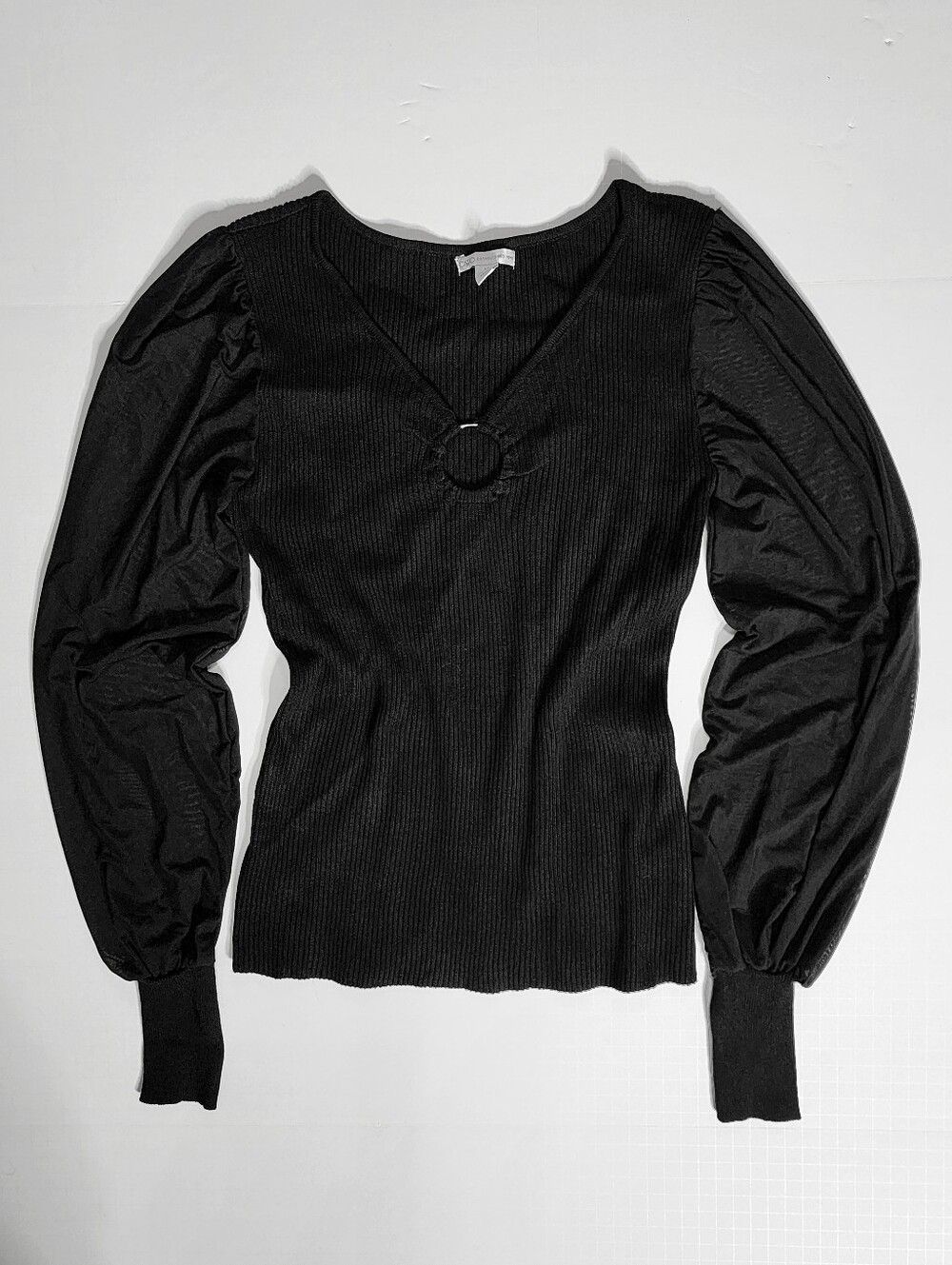 Sheer Mesh Bishop Sleeve Blouse With Ribbed Swester Body ~ Onky Sleeves Are Mesh